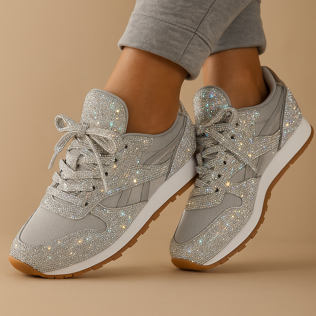 Glitter sneakers voor dames met pailletten en vetersluiting, ideaal voor een feestelijke en stijlvolle look.
