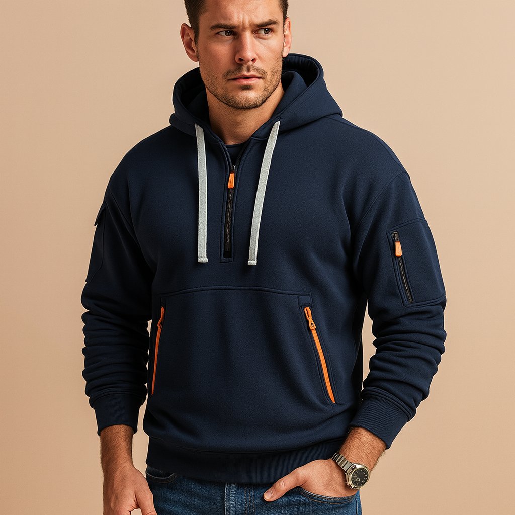 Heren hoodie met capuchon in khaki, zwart, grijs en marineblauw. Comfortabel en veelzijdig, ideaal voor casual en sportieve outfits in de herfst en winter.