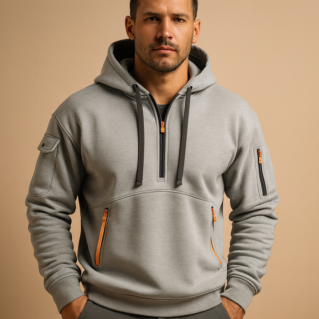 Heren hoodie met capuchon in khaki, zwart, grijs en marineblauw. Comfortabel en veelzijdig, ideaal voor casual en sportieve outfits in de herfst en winter.