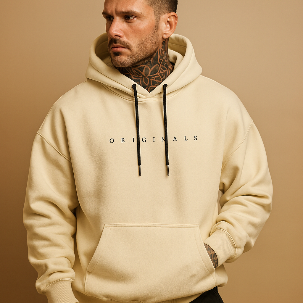 Heren hoodie met capuchon in zwart, wit en geel, comfortabel en warm, ideaal voor casual en sportieve looks tijdens de herfst en winter.