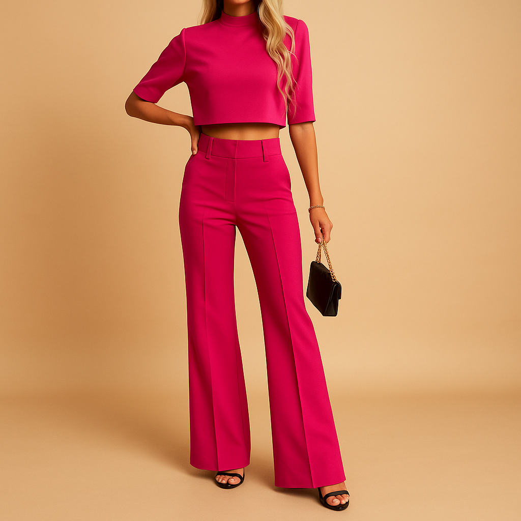 Dames herfstset met cropped top en getailleerde broek, gemaakt van warme stof en geschikt voor werk of casual gelegenheden