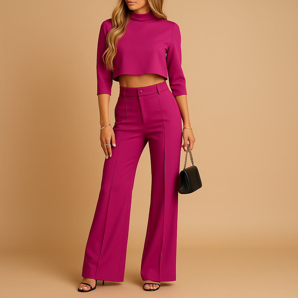 Dames herfstset met cropped top en getailleerde broek, gemaakt van warme stof en geschikt voor werk of casual gelegenheden