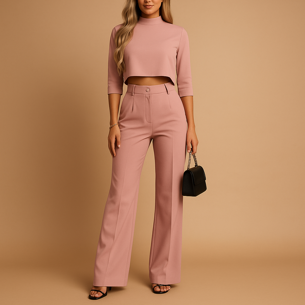 Dames herfstset met cropped top en getailleerde broek, gemaakt van warme stof en geschikt voor werk of casual gelegenheden