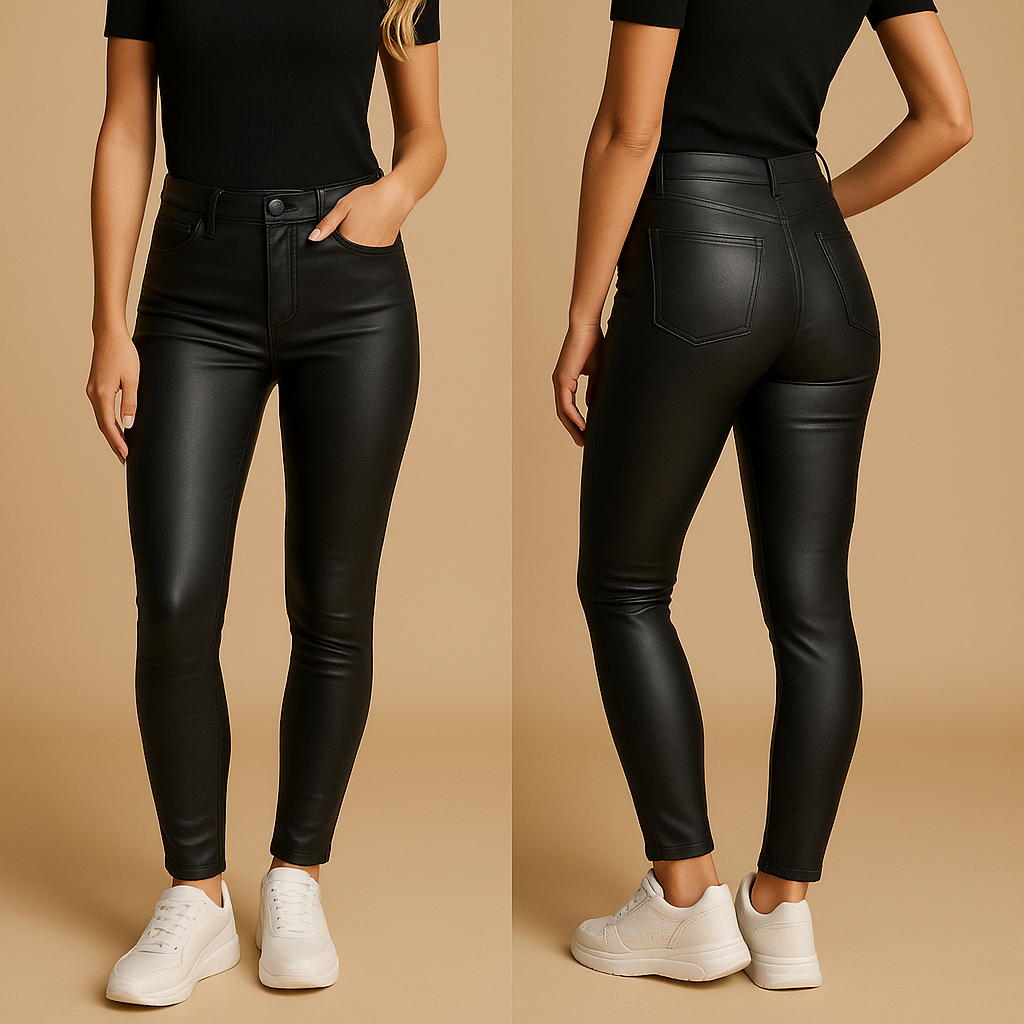 Damesbroek van rekbaar leer met hoge taille en slim fit pasvorm, ideaal voor stijlvolle casual of formele outfits.