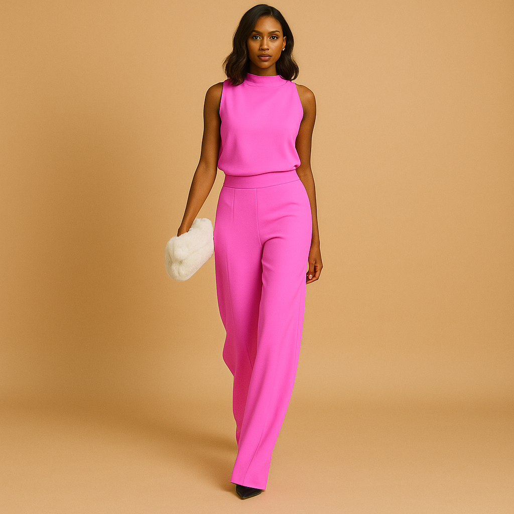 Stijlvolle dames jumpsuit met hoge taille, halterhals en wijde pijpen – ideaal voor feestelijke gelegenheden en avondjes uit.