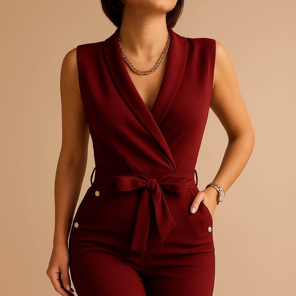 Elegante dames jumpsuit met diepe V-hals en taille-strik, perfect voor avondjes uit en formele gelegenheden.