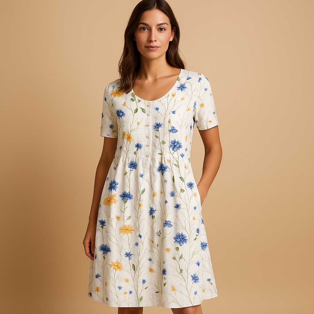 Luchtige katoenen midi-jurk met zomerse prints voor dames, licht getailleerde pasvorm en speels ontwerp, ideaal voor warme dagen en vakanties.