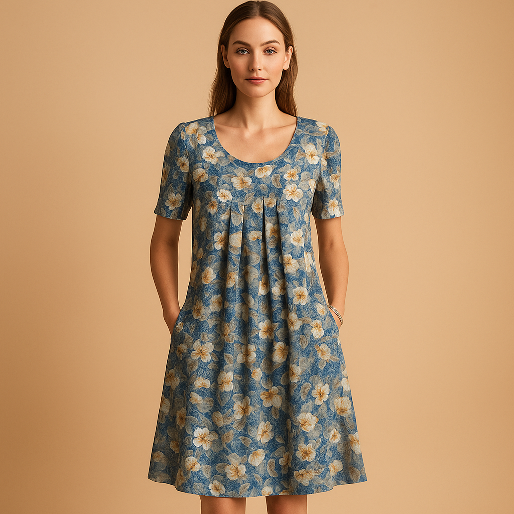 Luchtige katoenen midi-jurk met zomerse prints voor dames, licht getailleerde pasvorm en speels ontwerp, ideaal voor warme dagen en vakanties.