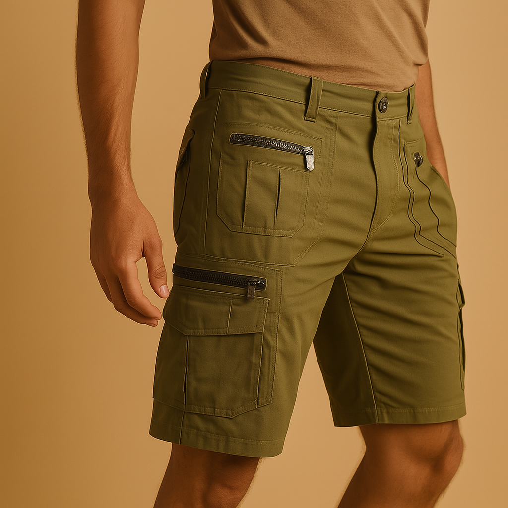 Heren cargoshort tot op de knie met meerdere rits- en klepzakken, perfect voor outdoor, reizen en casual zomerdagen.