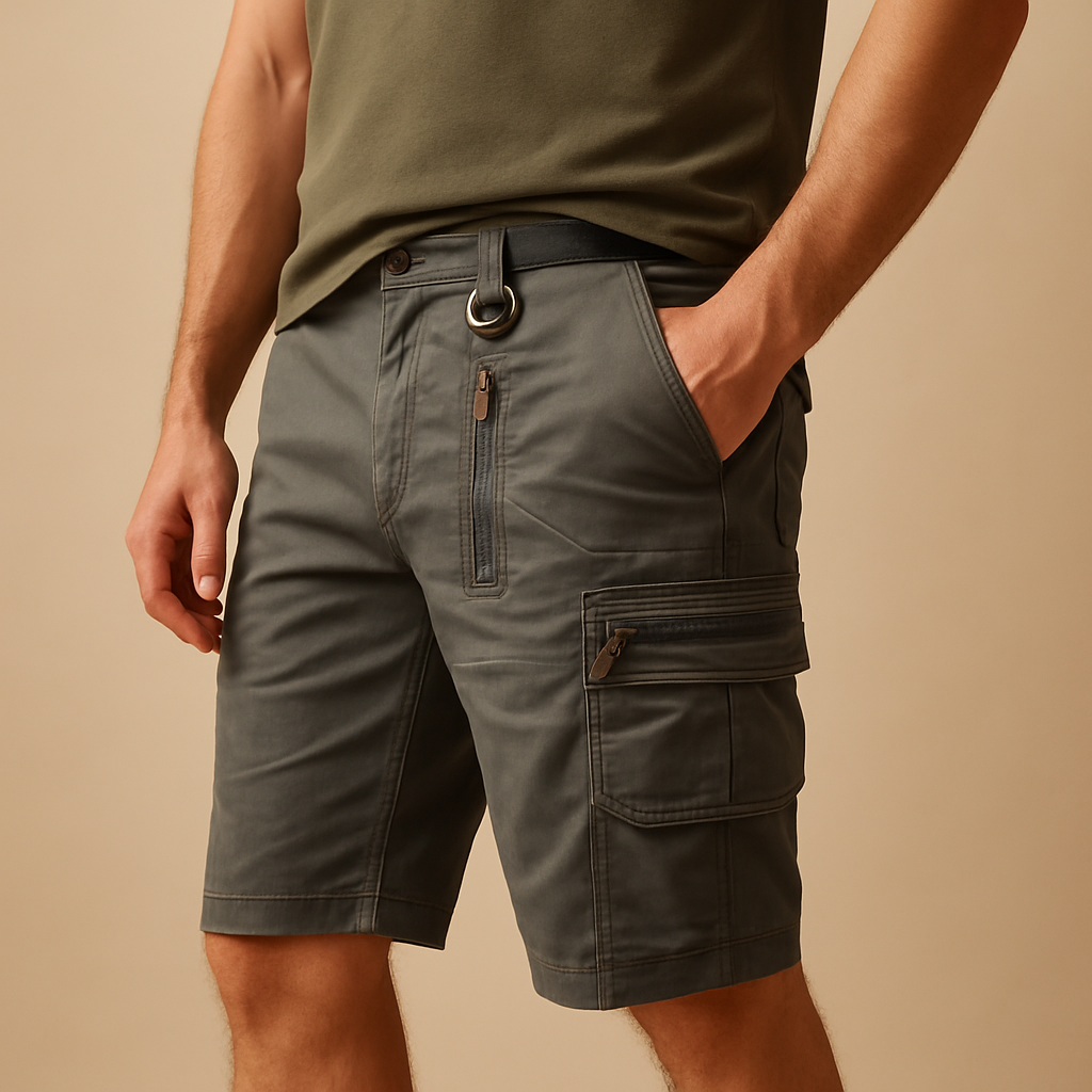 Heren cargoshort met meerdere zakken in effen kleuren – comfortabele pasvorm en duurzaam ontwerp voor dagelijks gebruik en buitenactiviteiten.