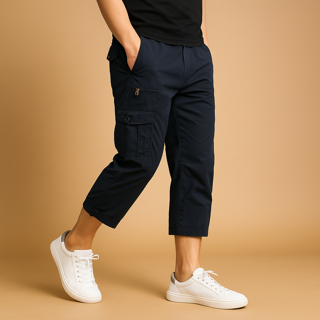 Lange katoenen cargo short voor heren in ademend materiaal met meerdere zakken, ideaal voor zomerse outdoor activiteiten of casual outfits.
