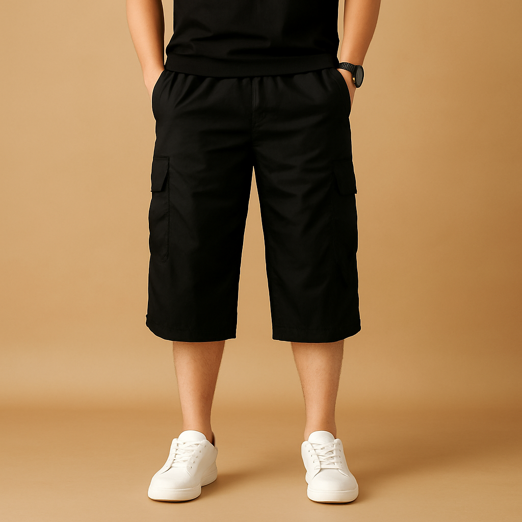 Lange katoenen cargo short voor heren in ademend materiaal met meerdere zakken, ideaal voor zomerse outdoor activiteiten of casual outfits.