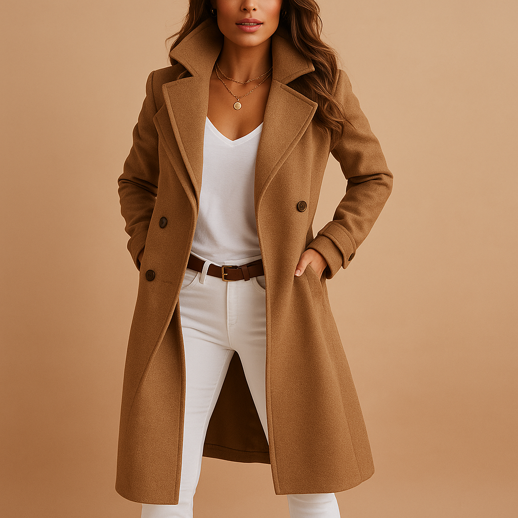 Lange elegante damesjas met knopen en klassieke kraag in grijs, donkergrijs, camel of zwart, perfect voor alle seizoenen.