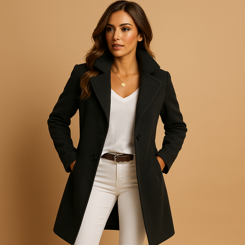Lange elegante damesjas met knopen en klassieke kraag in grijs, donkergrijs, camel of zwart, perfect voor alle seizoenen.