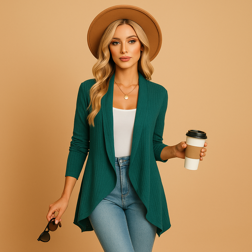 Lange gebreide cardigan voor dames in zachte stof en effen kleuren, ideaal voor layering in lente en herfst met een elegante en casual look.