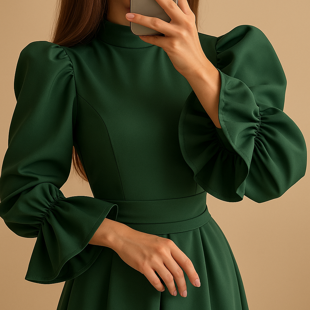 Diepgroene damesjurk met tailleband, lange mouwen en vloeiende pasvorm, perfect voor bruiloften en gala’s