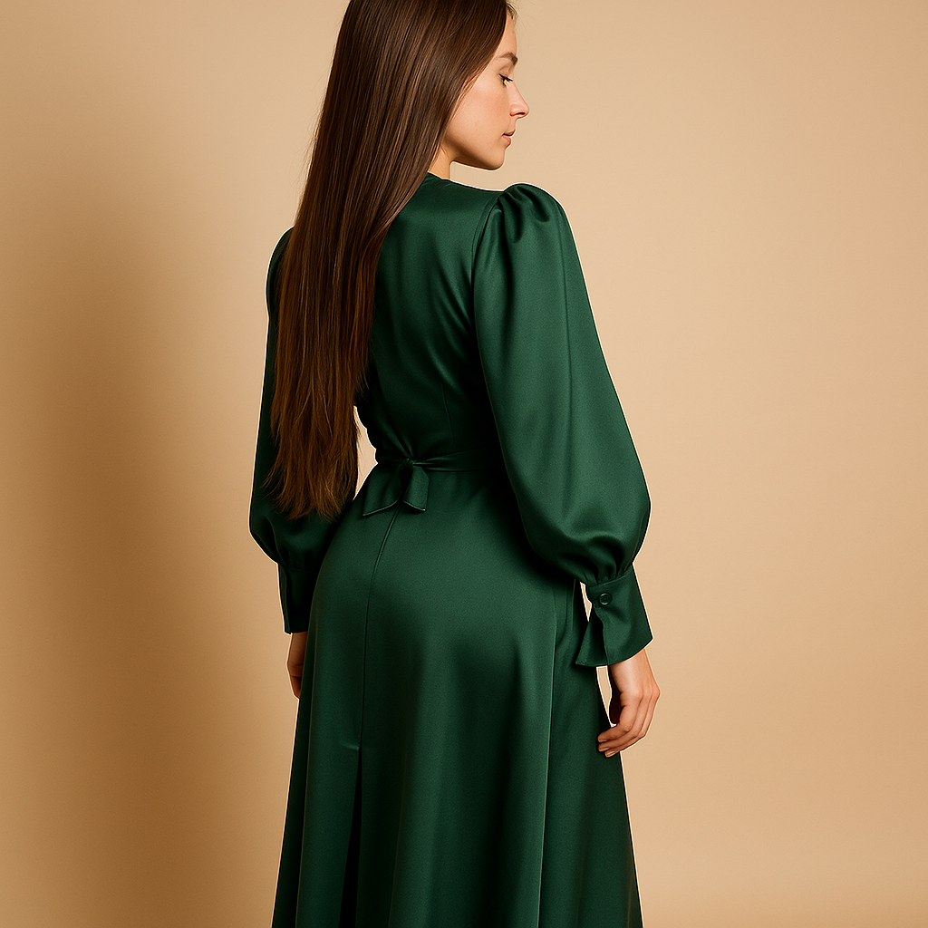 Diepgroene damesjurk met tailleband, lange mouwen en vloeiende pasvorm, perfect voor bruiloften en gala’s