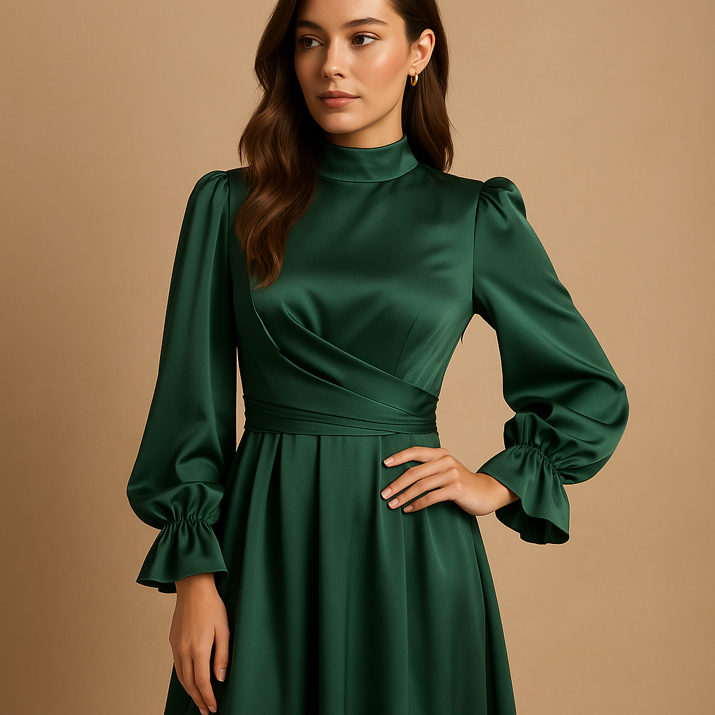 Diepgroene damesjurk met tailleband, lange mouwen en vloeiende pasvorm, perfect voor bruiloften en gala’s