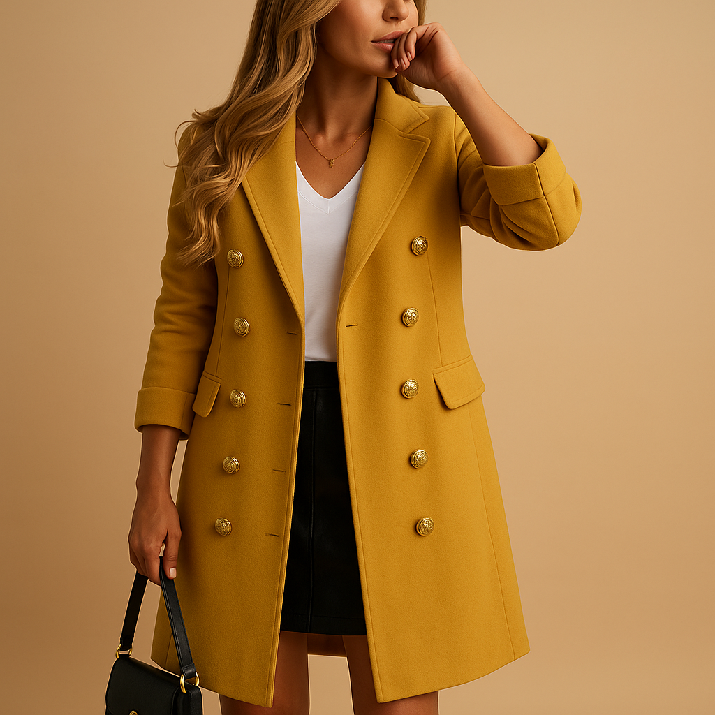 Lange trenchcoat met ceintuur voor dames in zwart of geel. Tijdloos design met dubbele knopenrij en tailleaccent. Perfect voor elke gelegenheid.