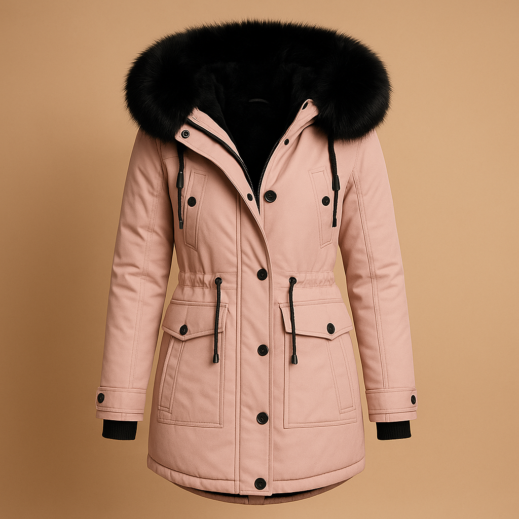 Lange waterdichte winterjas voor dames met luxe bontkraag, warme voering en verlengd silhouet. Perfect voor koude en natte winterdagen.