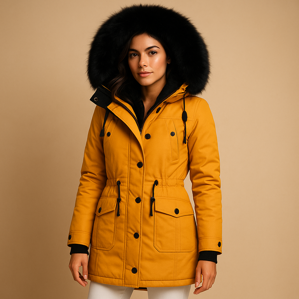 Lange waterdichte winterjas voor dames met imitatiebontkraag, warme voering en verlengd design. Perfect voor koude en natte winterdagen.