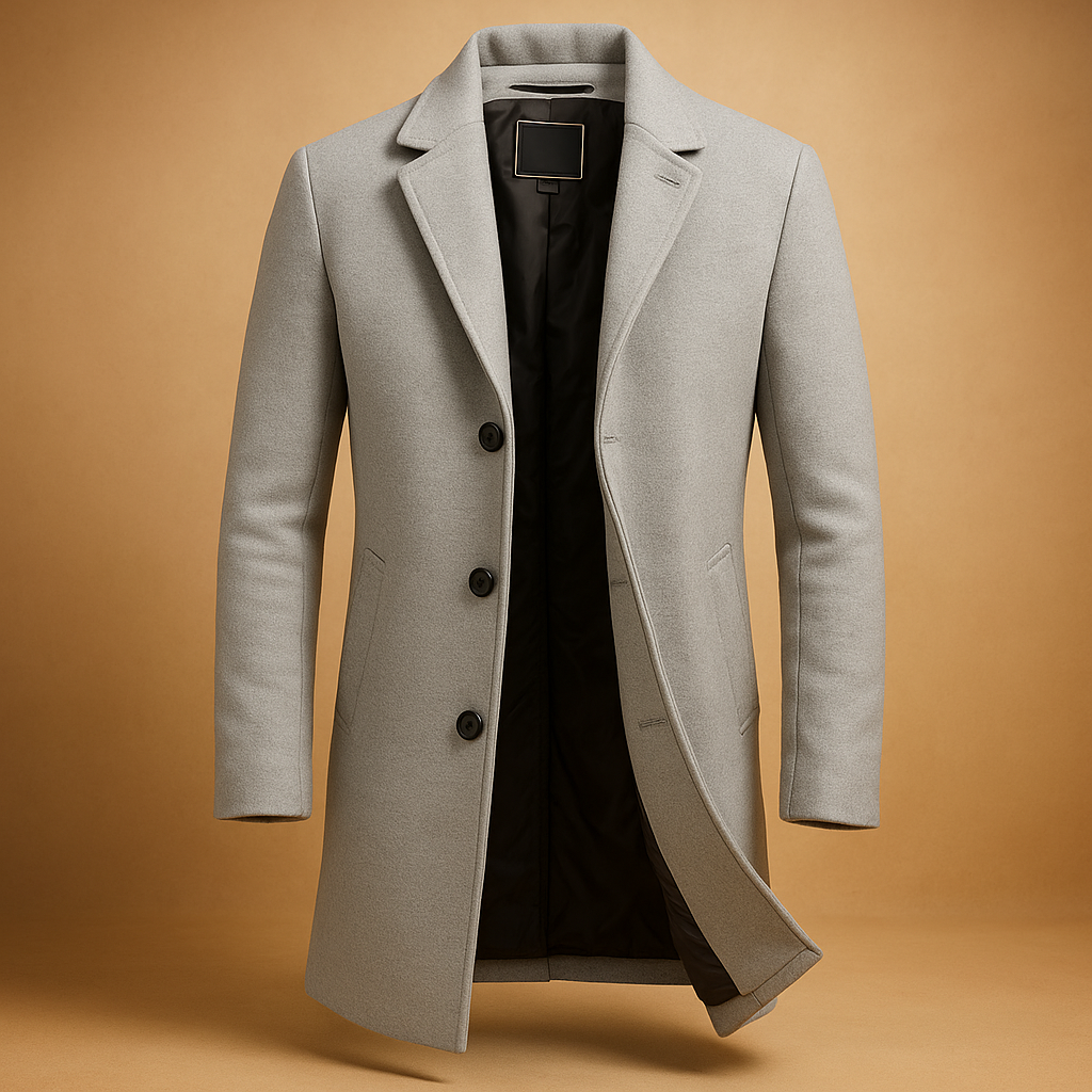 Lange winterjas voor heren met elegante snit en warme, duurzame afwerking, ideaal voor koude winterdagen en formele outfits.