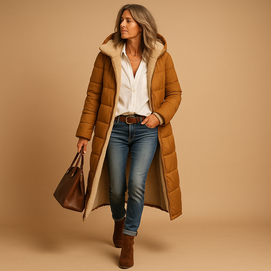 Lange winterjas voor dames in zwart, beige of donkerblauw, met moderne snit en warme isolatie voor koude dagen.