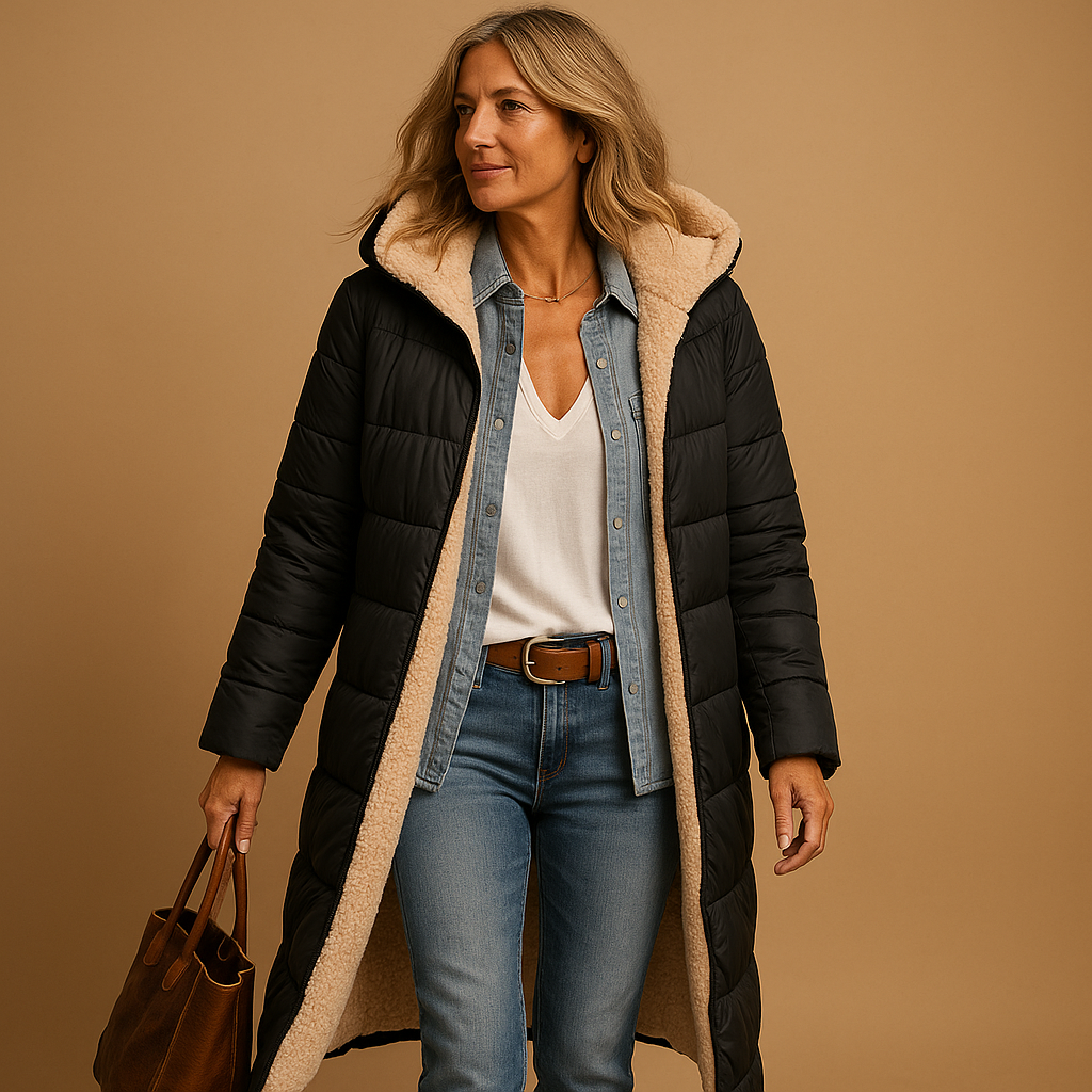 Lange winterjas voor dames in zwart, beige of donkerblauw, met moderne snit en warme isolatie voor koude dagen.