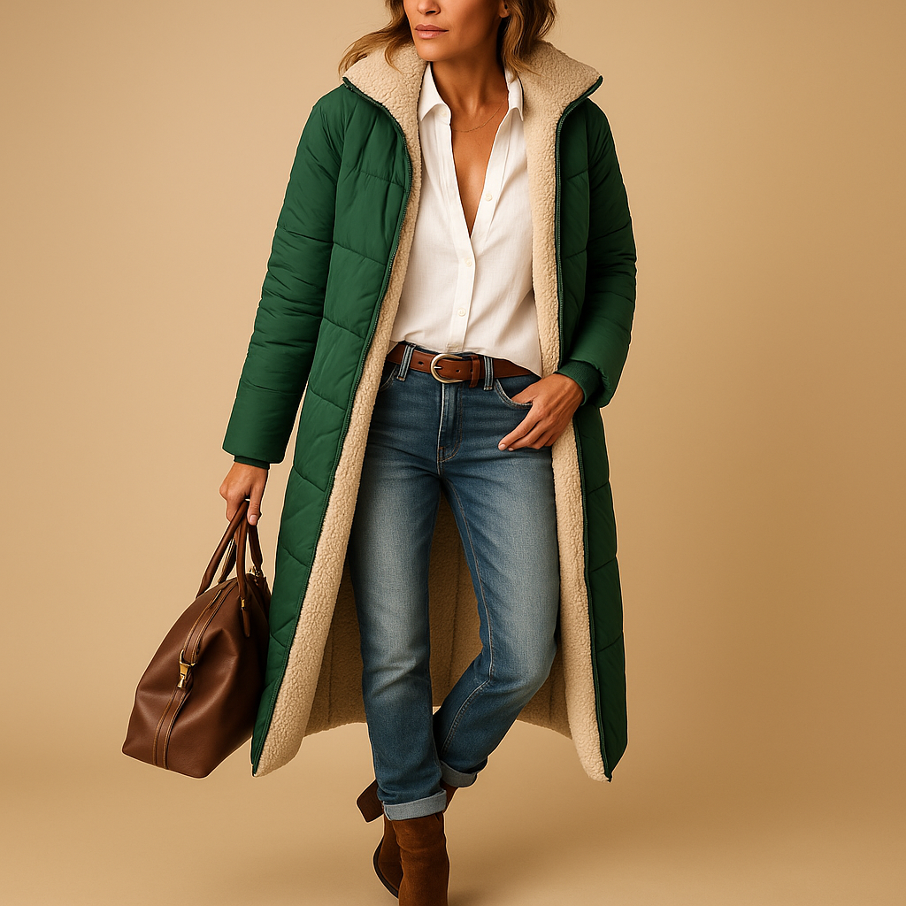 Lange winterjas voor dames in zwart, beige of donkerblauw, met moderne snit en warme isolatie voor koude dagen.