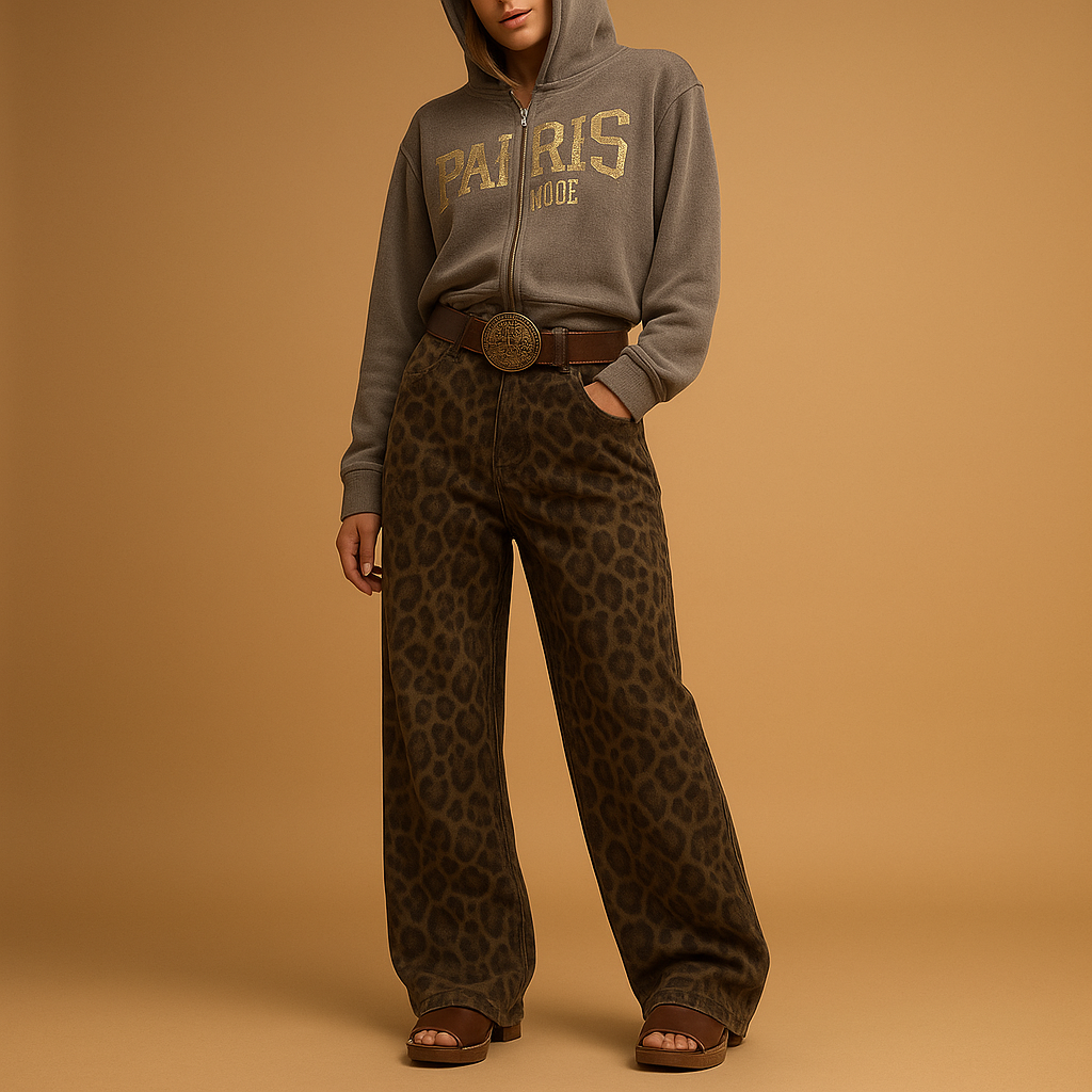 Slim fit damesjeans met luipaardprint in katoenen stretchstof, perfect voor casual en avondlooks.