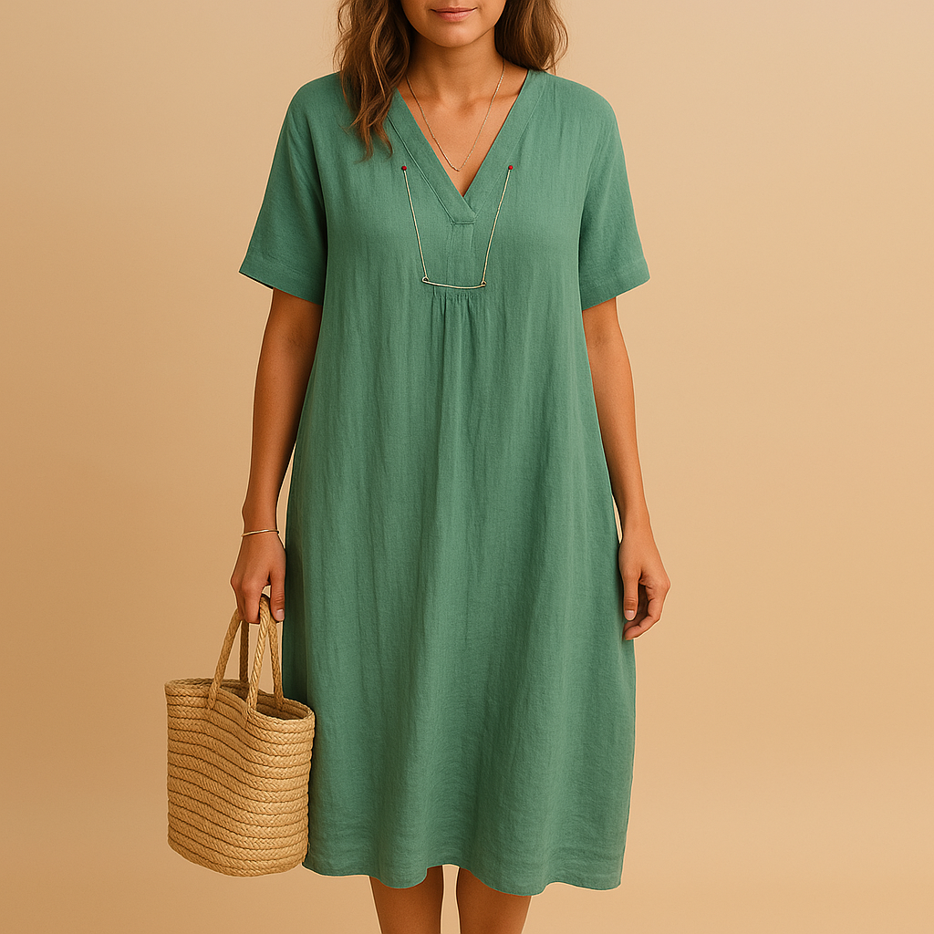 Lichte en ademende zomerjurk voor dames in losse pasvorm. Perfect voor warme dagen en geschikt voor zowel casual als feestelijke gelegenheden.