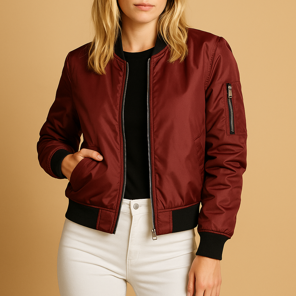 Lichtgewicht bomberjack voor dames in trendy kleuren zwart, groen en rood, met ritssluiting en zijzakken. Perfect voor zomerse casual looks.