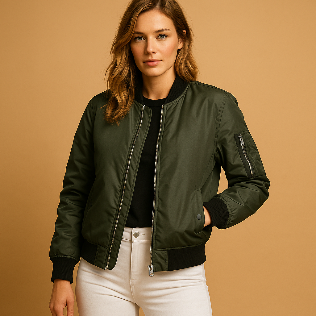 Lichtgewicht bomberjack voor dames in trendy kleuren zwart, groen en rood, met ritssluiting en zijzakken. Perfect voor zomerse casual looks.