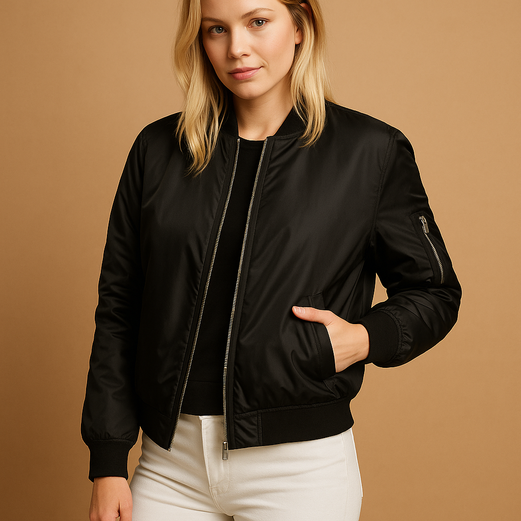 Lichtgewicht bomberjack voor dames in trendy kleuren zwart, groen en rood, met ritssluiting en zijzakken. Perfect voor zomerse casual looks.
