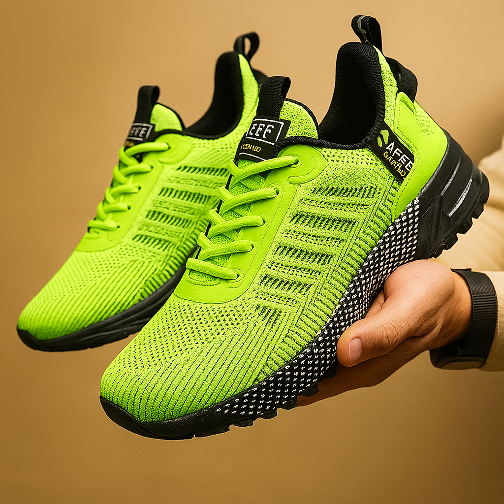 Lichtgewicht sportschoenen voor heren in oranje, grijs of groen met ademend ontwerp, comfortabele pasvorm en moderne uitstraling – ideaal voor dagelijks gebruik.