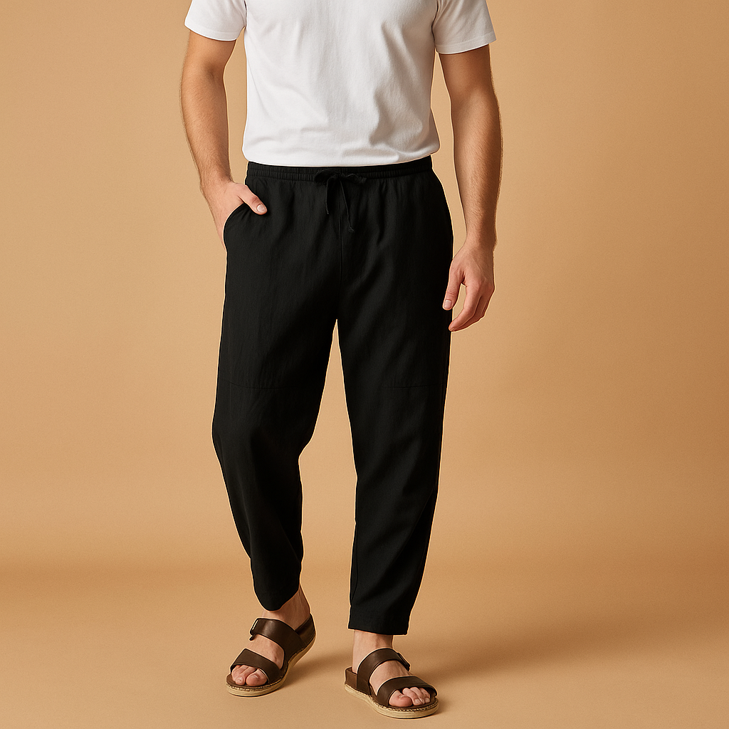 Losvallende katoenen-linnen herenbroek in neutrale kleuren, ideaal voor zomerse dagen en dagelijks gebruik met ademend draagcomfort.