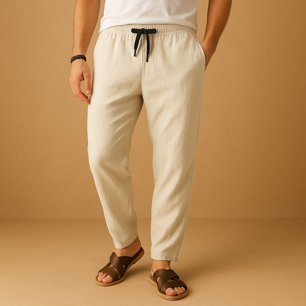 Losvallende katoenen-linnen herenbroek in neutrale kleuren, ideaal voor zomerse dagen en dagelijks gebruik met ademend draagcomfort.