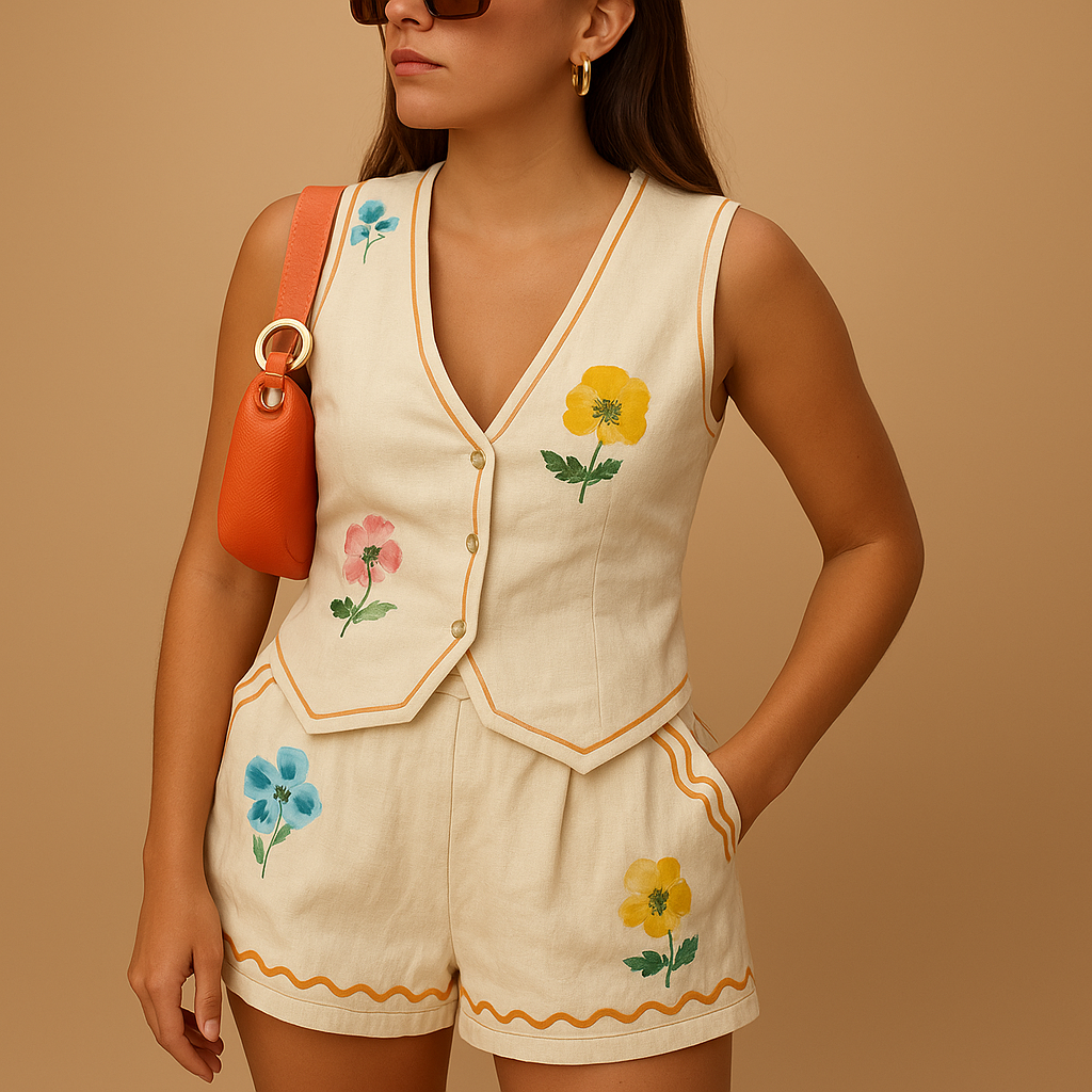 Loungewear set voor dames met losvallend overhemd en geprinte short, ideaal voor zomer en vakantie