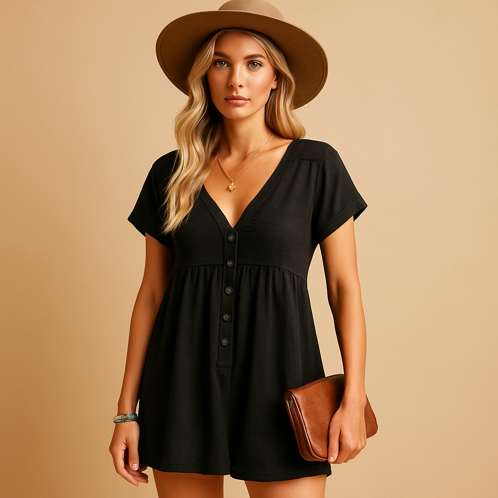 Luchtige dames jumpsuit met flatterende V-hals en losvallende pasvorm, ideaal voor warme zomerdagen en stranduitjes.