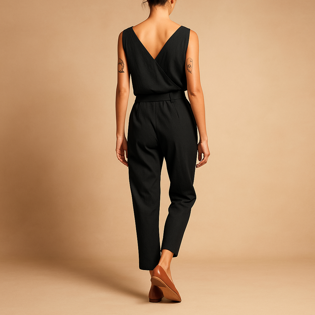 Luchtige dames jumpsuit met verstelbare tailleband en losse pasvorm, ideaal voor warme zomerdagen en casual elegantie.