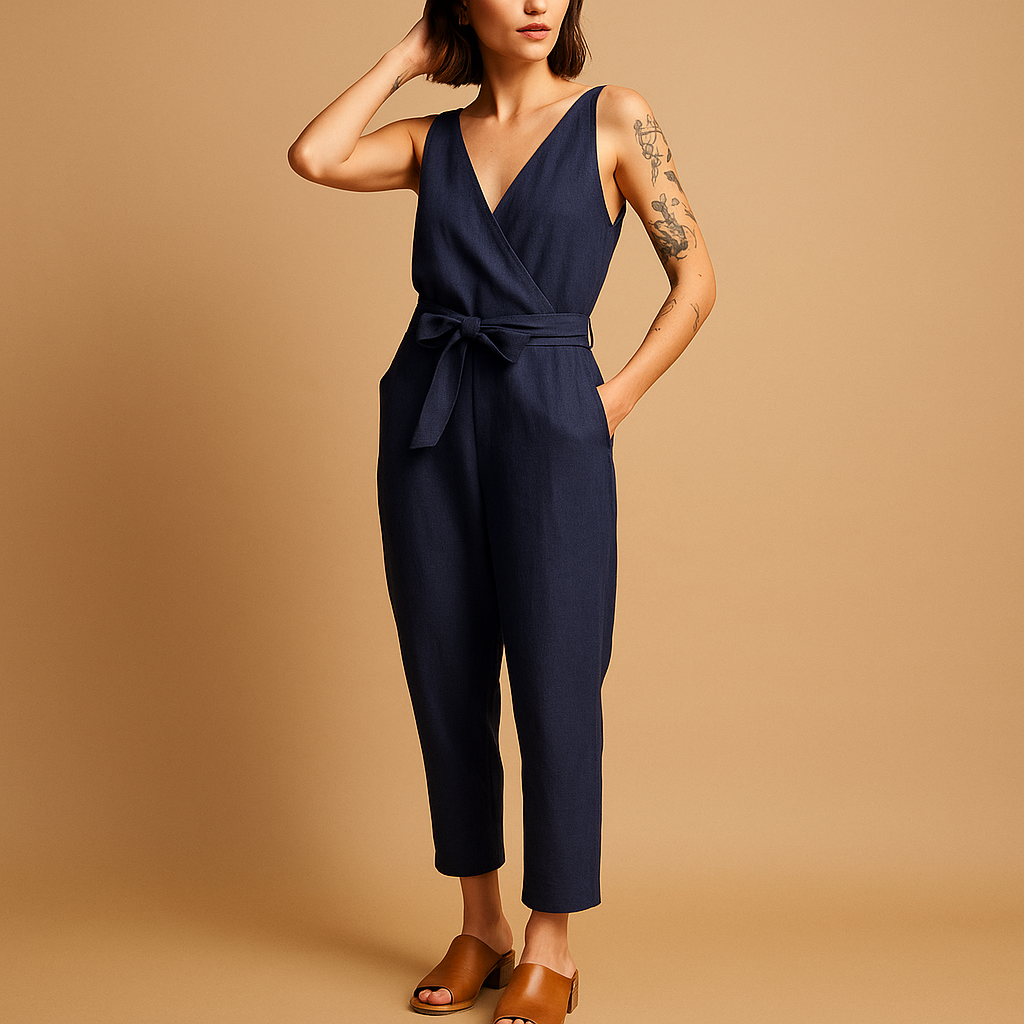 Luchtige dames jumpsuit met verstelbare tailleband en losse pasvorm, ideaal voor warme zomerdagen en casual elegantie.