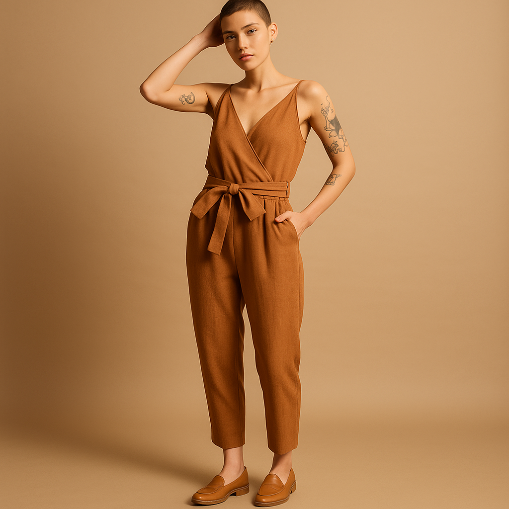 Luchtige dames jumpsuit met verstelbare tailleband en losse pasvorm, ideaal voor warme zomerdagen en casual elegantie.