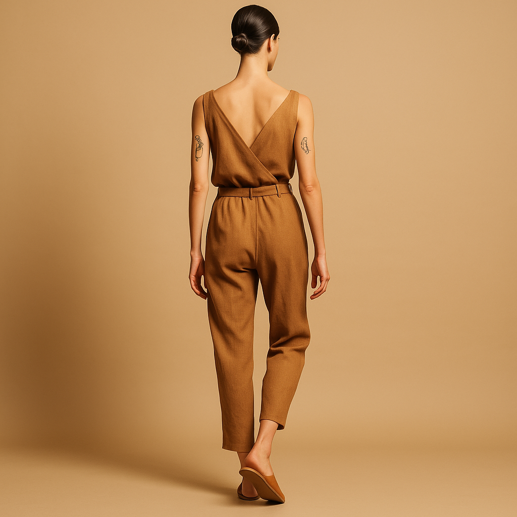 Luchtige dames jumpsuit met verstelbare tailleband en losse pasvorm, ideaal voor warme zomerdagen en casual elegantie.