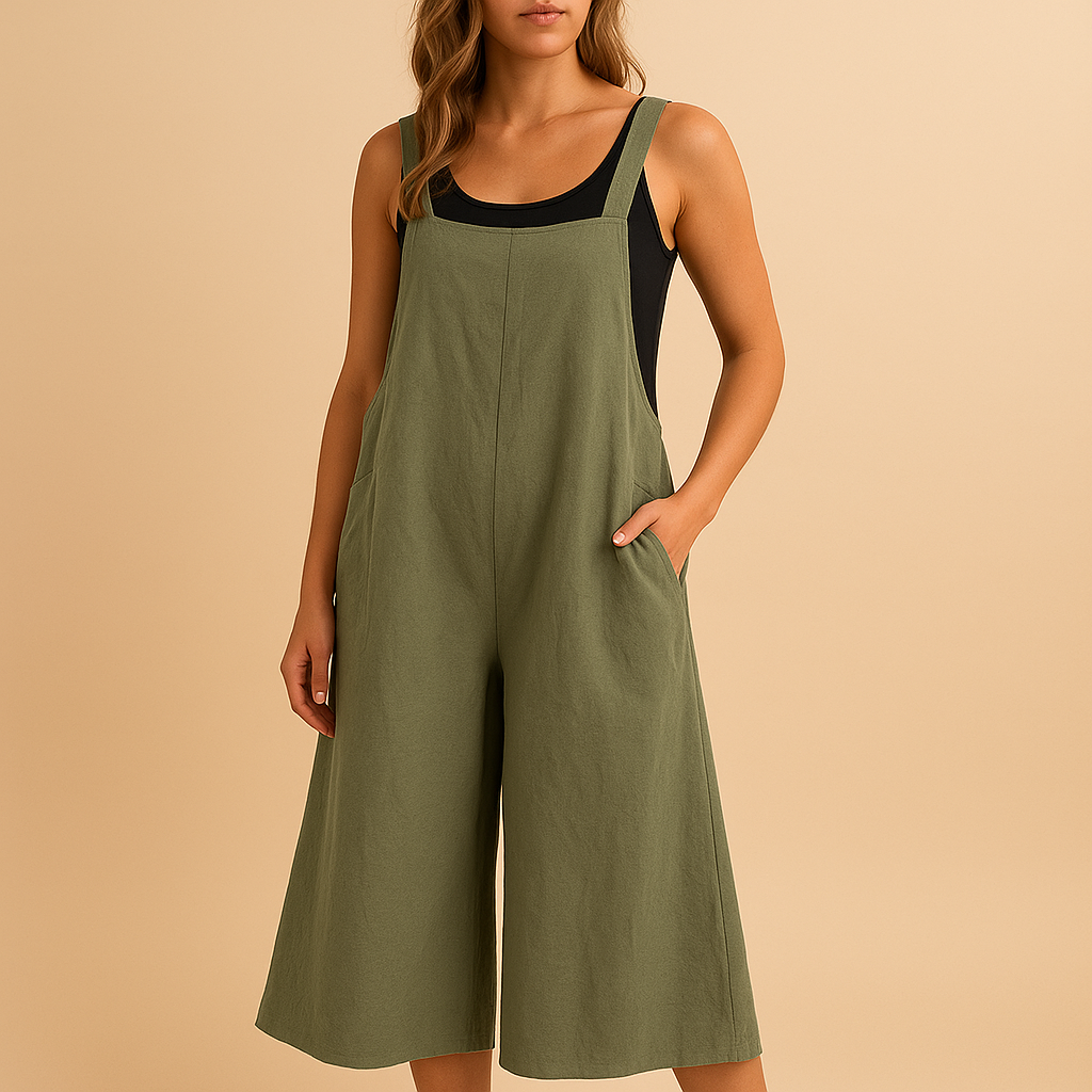 Luchtige dames jumpsuit van katoen en linnen met wijde pijpen in casual stijl, ideaal voor zomerse dagen en ontspannen momenten.
