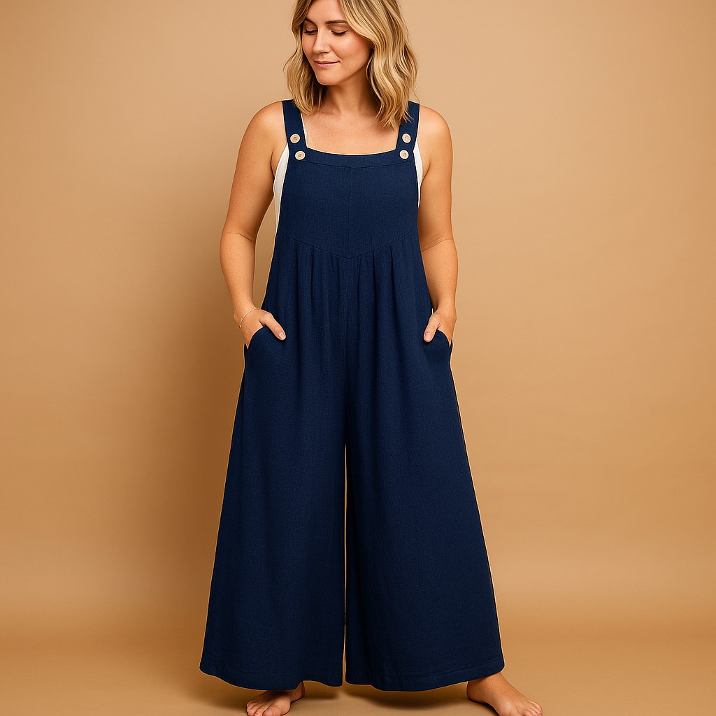 Luchtige dames overall van katoen met wijde pijpen en verstelbare bandjes, verkrijgbaar in diverse kleuren. Perfect voor warme dagen en casual comfort.
