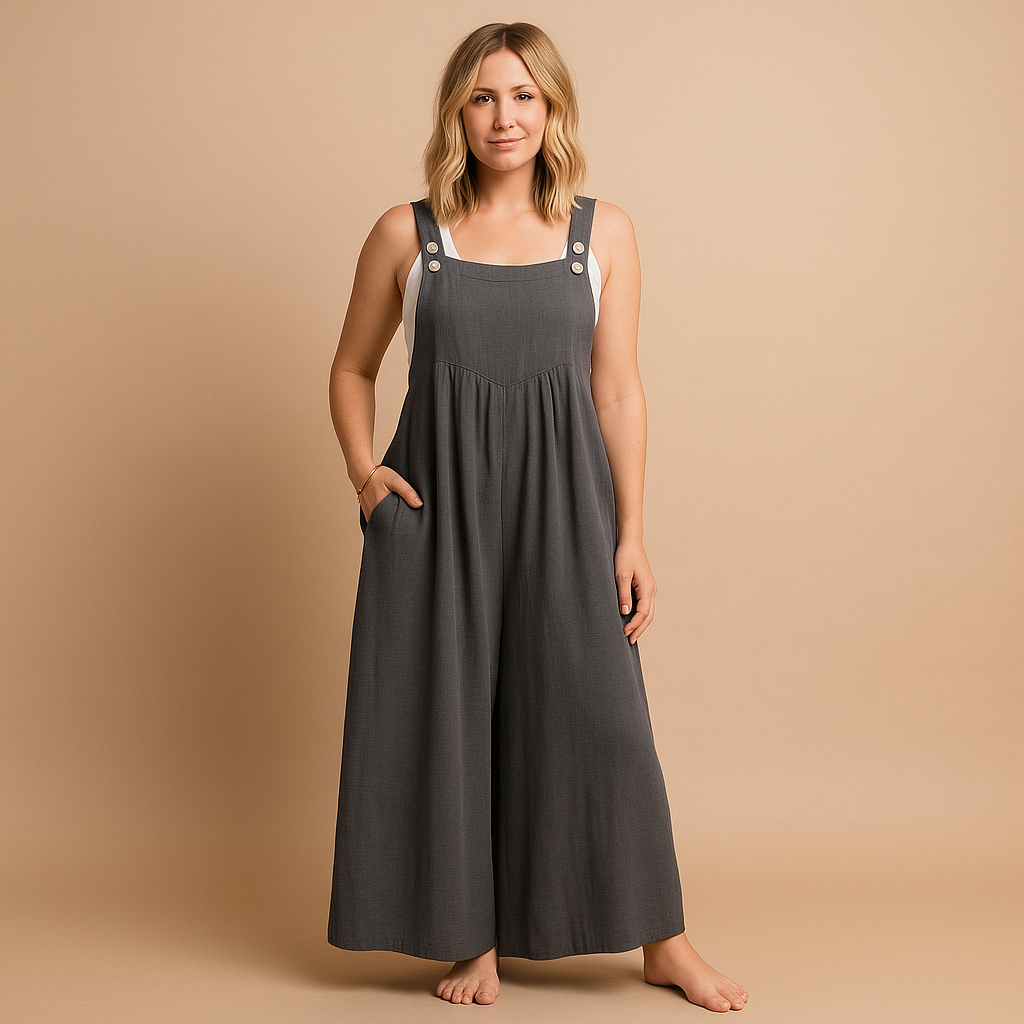 Luchtige dames overall van katoen met wijde pijpen en verstelbare bandjes, verkrijgbaar in diverse kleuren. Perfect voor warme dagen en casual comfort.