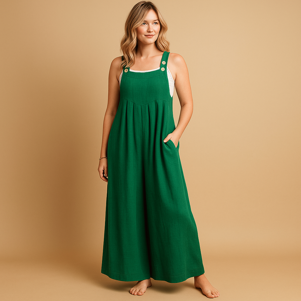 Luchtige dames overall van katoen met wijde pijpen en verstelbare bandjes, verkrijgbaar in diverse kleuren. Perfect voor warme dagen en casual comfort.