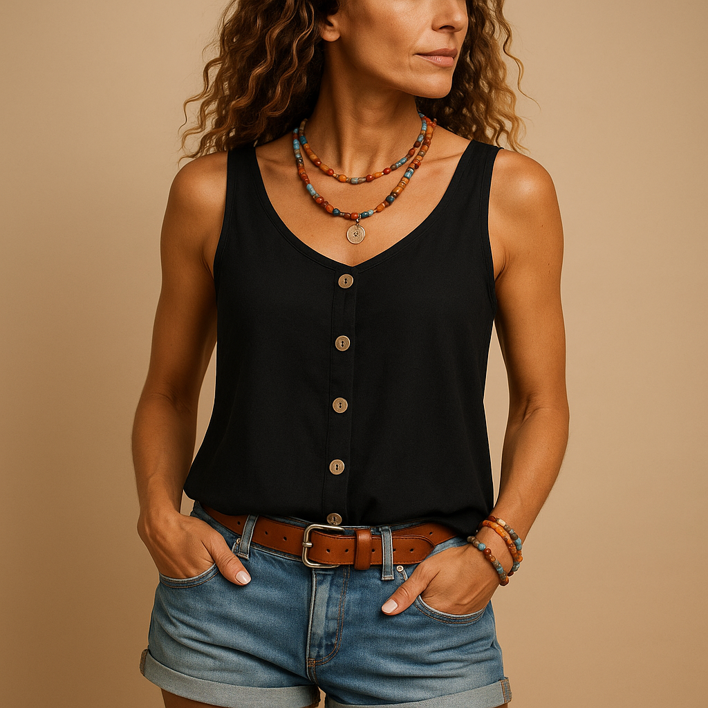 Luchtige mouwloze dames top met V-hals, losse pasvorm en levendige kleuren, perfect voor casual zomerse dagen.