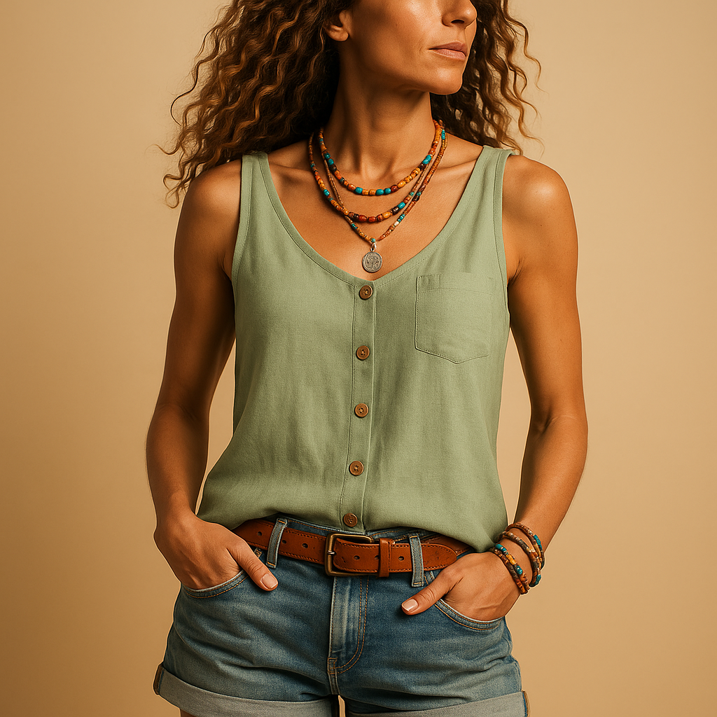 Luchtige mouwloze dames top met V-hals, losse pasvorm en levendige kleuren, perfect voor casual zomerse dagen.