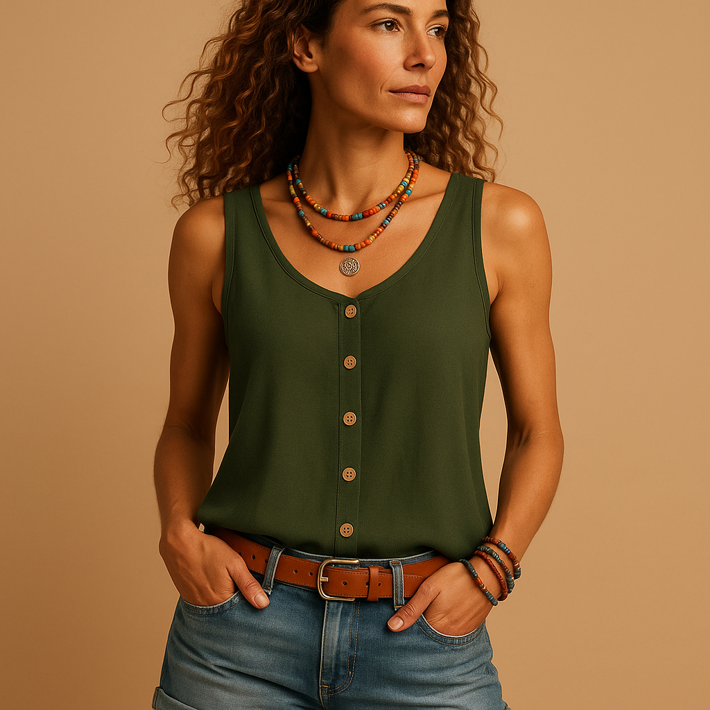 Luchtige mouwloze dames top met V-hals, losse pasvorm en levendige kleuren, perfect voor casual zomerse dagen.